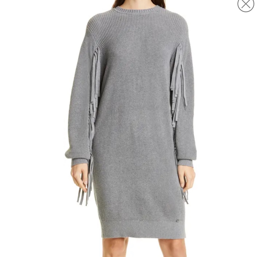 NWT Ted Baker Friidah Fringe Detail Cocoon Knitted Sweated Dress Grey Size XS